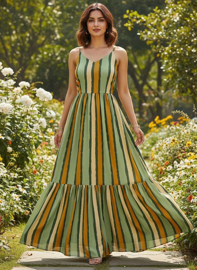 Yellow Green Stripes Digital Printed Fabric - Pure Georgette