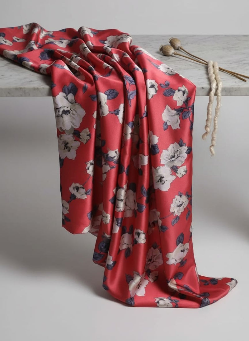 Red Classic White Floral Japan Satin Digital Printed Fabric