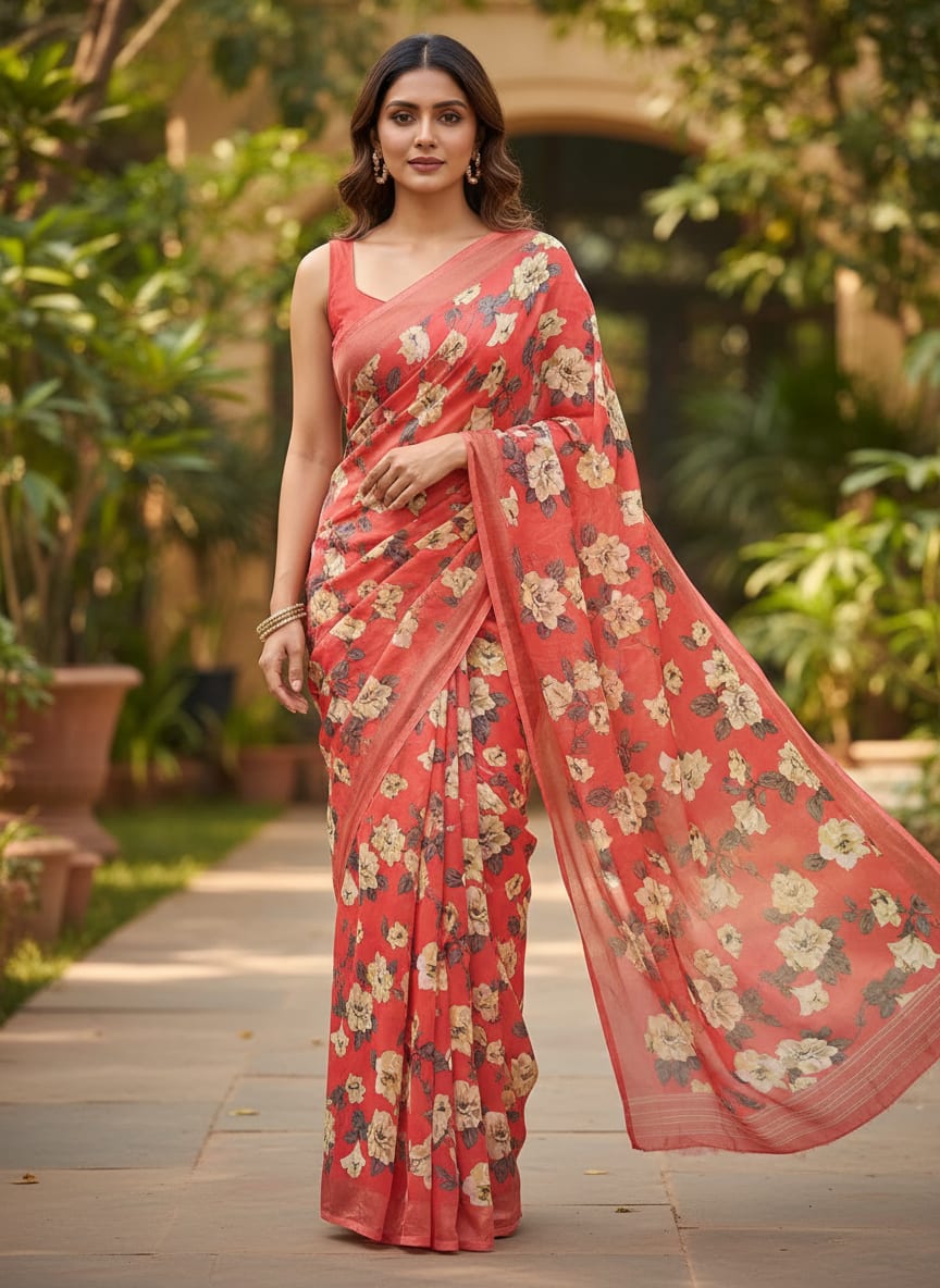 Red And White Flower Digital Printed Fabric - Kora Silk