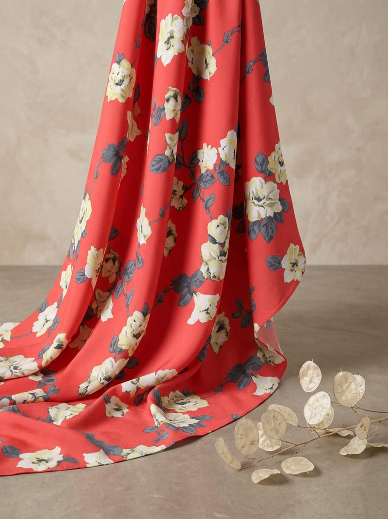 Red Classic Rose Garden Floral Kora Silk Digital Printed Fabric