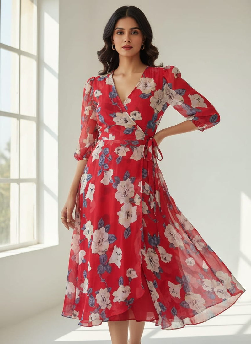 Red Soft Watercolor Floral Weightless Digital Printed Fabric