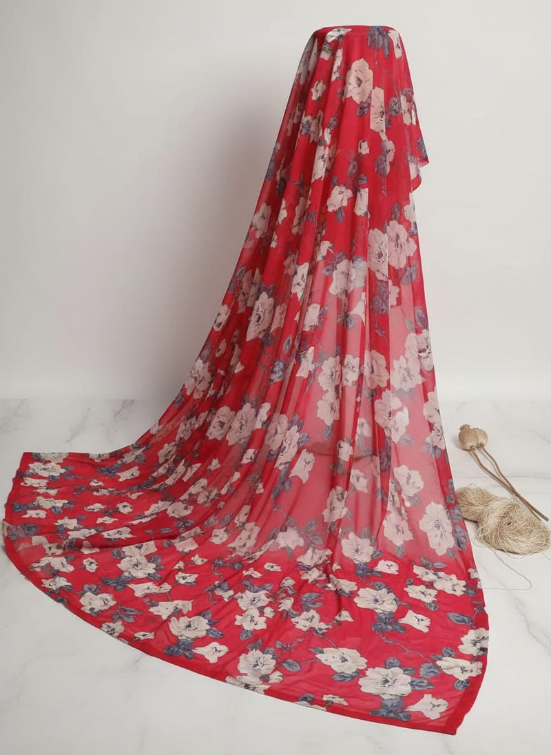 Red And White Flower Digital Printed Fabric - Weightless