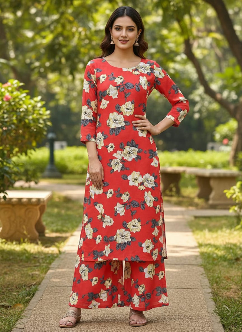 Red And White Flower Digital Printed Fabric - Muslin