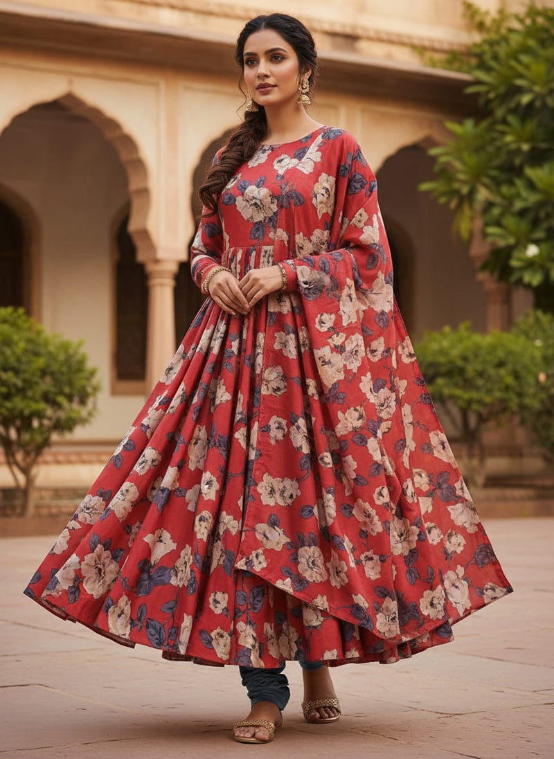 Red White Rose Floral Silk Crepe Digital Printed Fabric