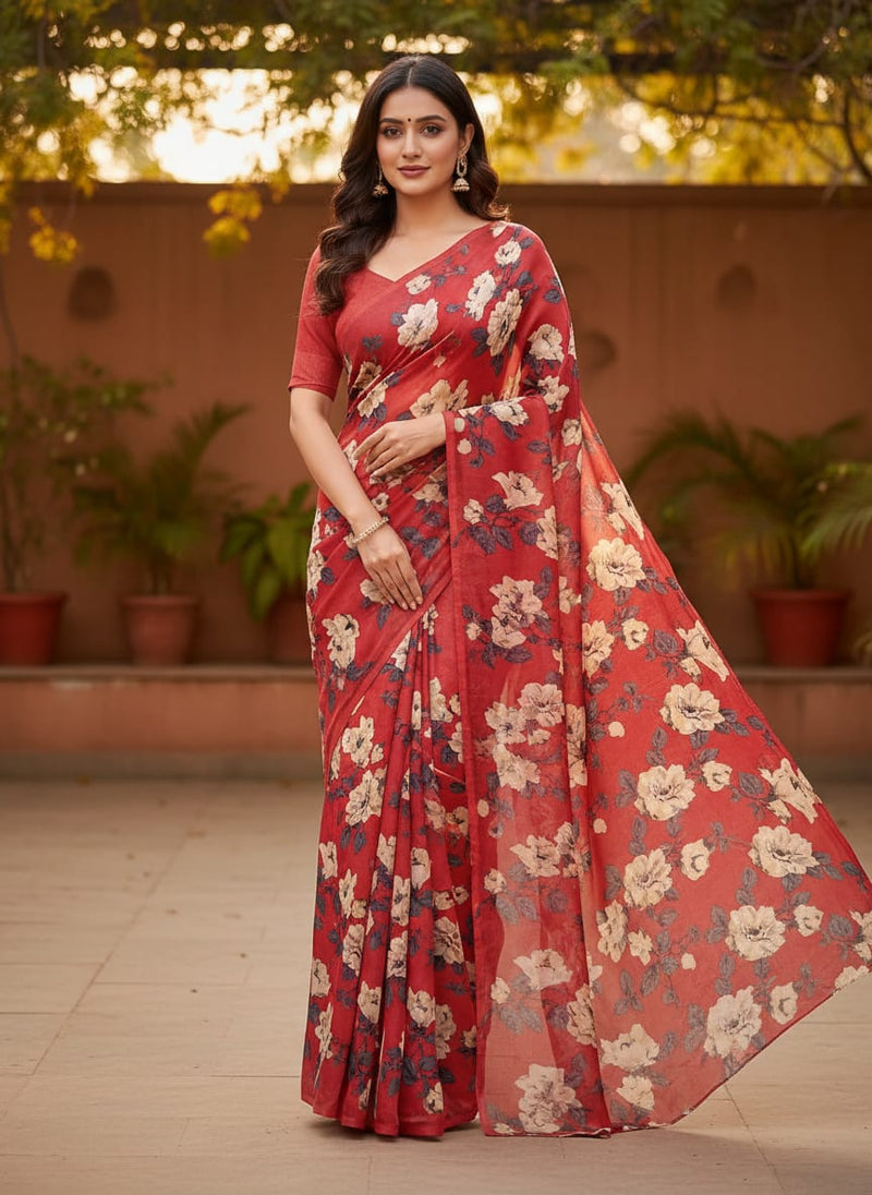 Red White Rose Floral Silk Crepe Digital Printed Fabric