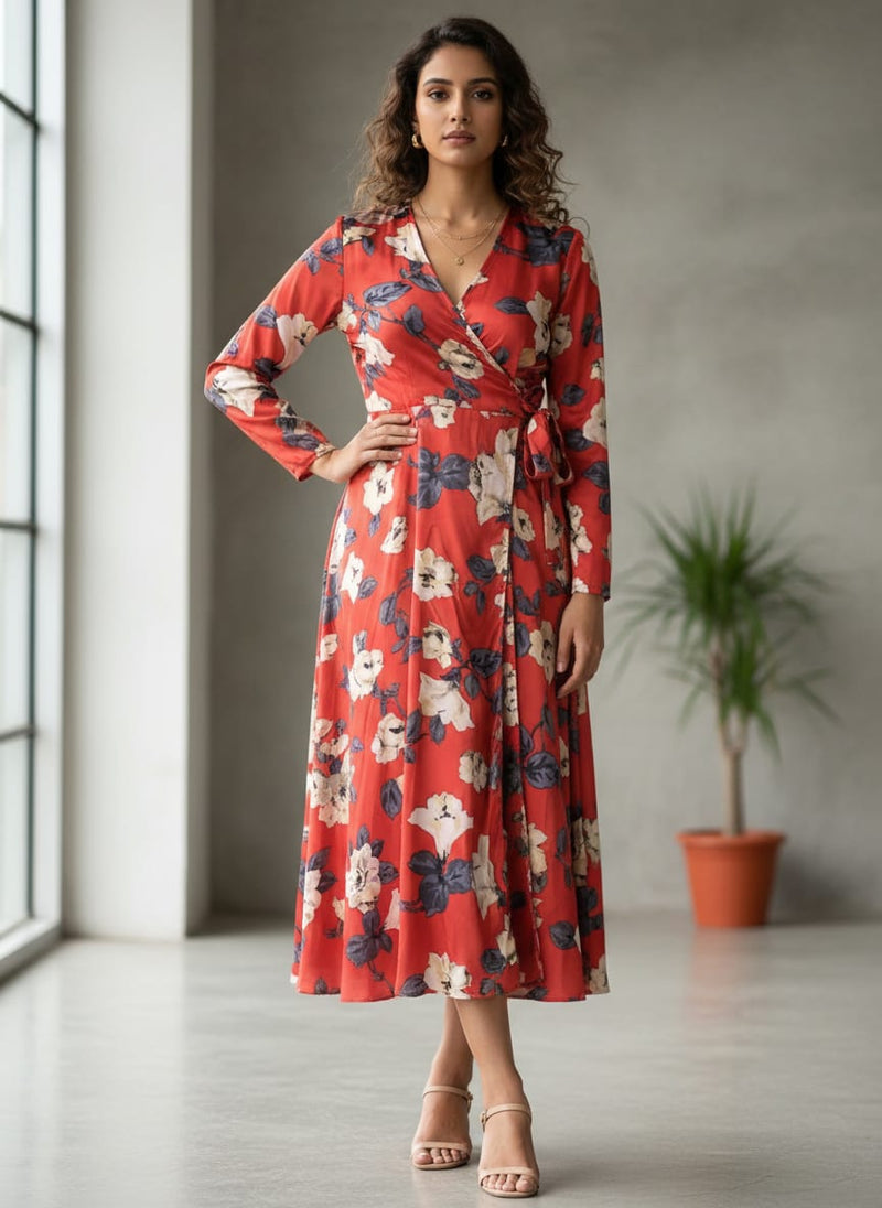 Red White Rose Floral Silk Crepe Digital Printed Fabric