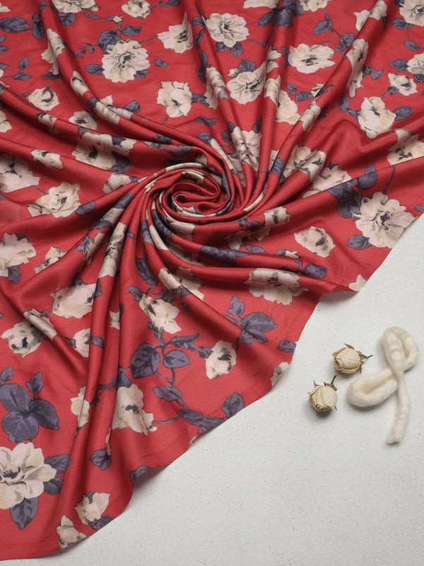 Red And White Flower Digital Printed Fabric - Crepe