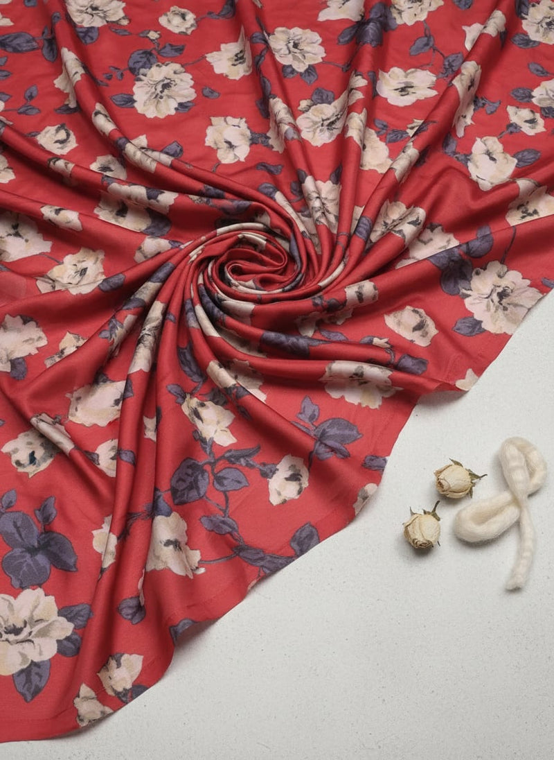 Red And White Flower Digital Printed Fabric - Crepe
