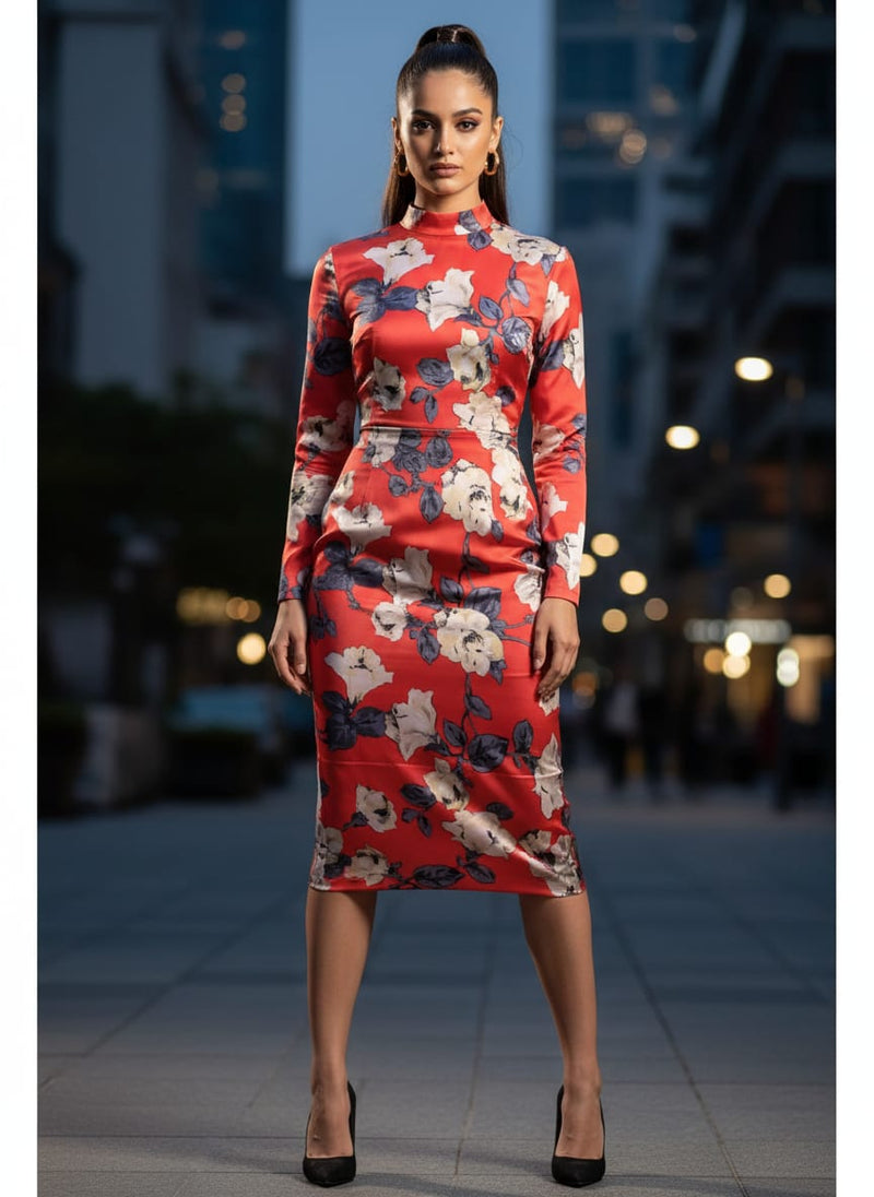 Red White Rose Floral Silk Crepe Digital Printed Fabric