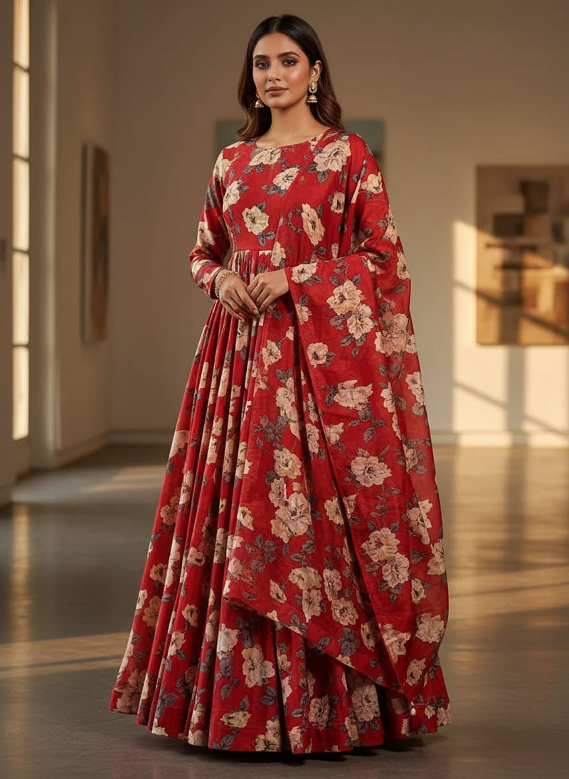 Red And White Flower Digital Printed Fabric - Upada Silk