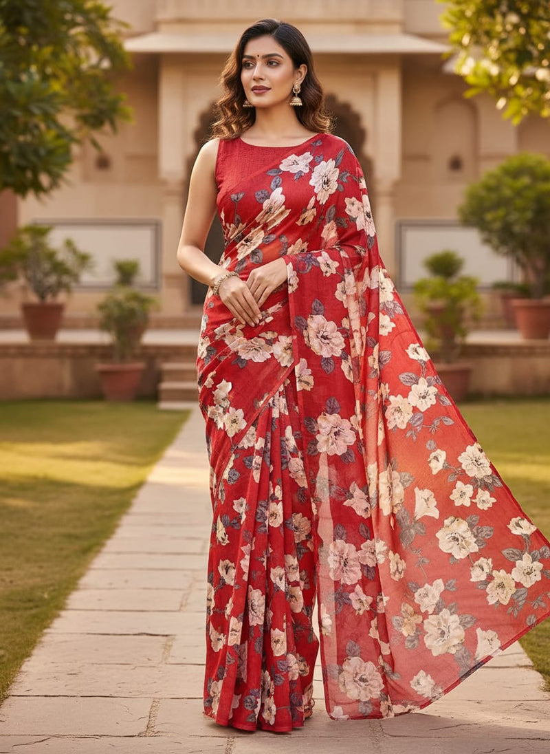 Red Classic White Rose Floral Upada Silk Digital Printed Fabric