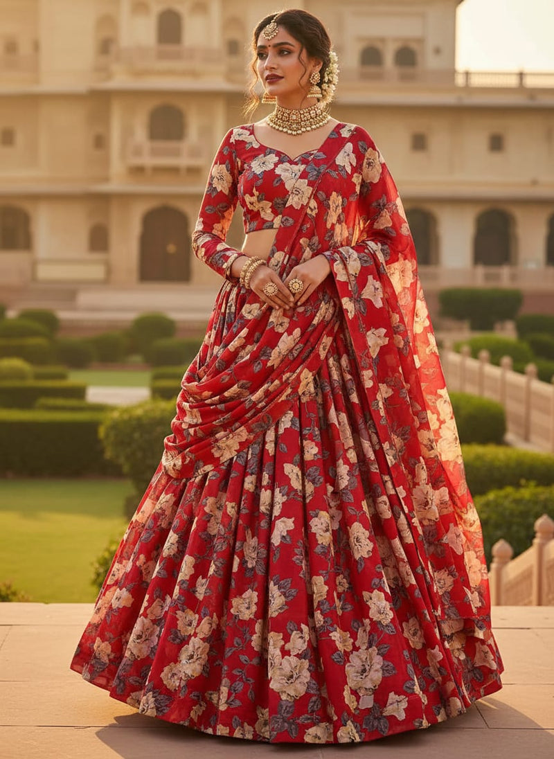 Red And White Flower Digital Printed Fabric - Upada Silk