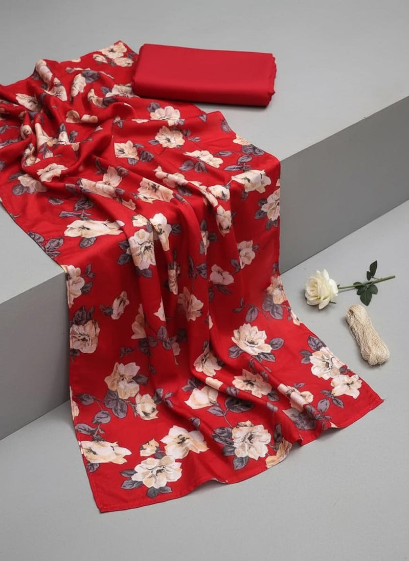 Red And White Flower Digital Printed Fabric - Upada Silk