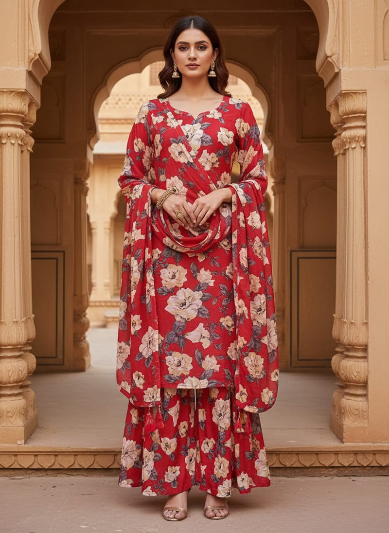 Red And White Flower Digital Printed Fabric - Upada Silk