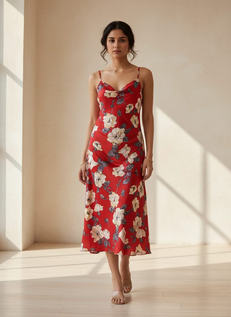 Red And White Flower Digital Printed Fabric - Upada Silk
