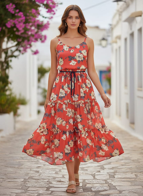 Red And White Flower Digital Printed Fabric - Pure Georgette - alternate view