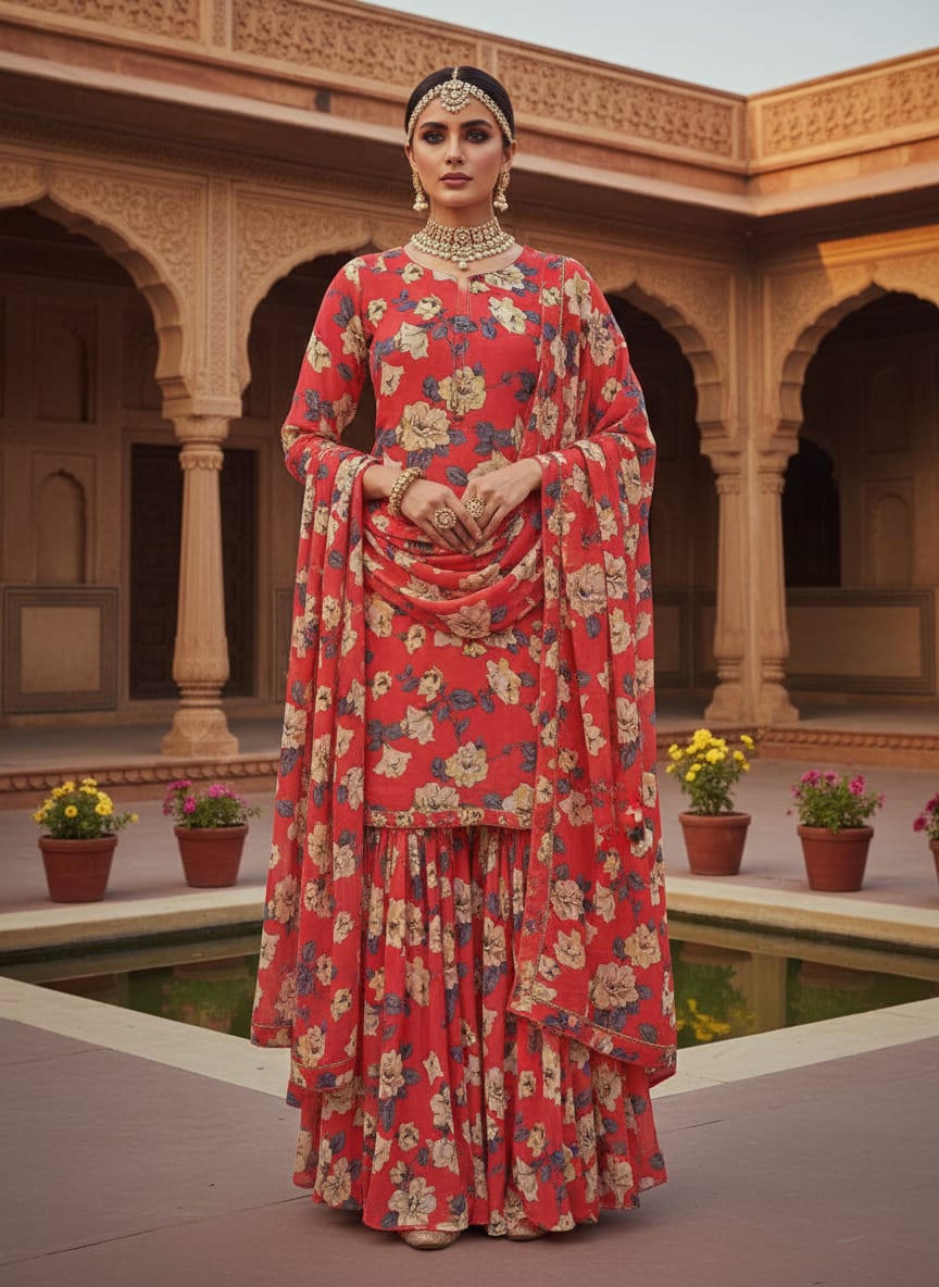 Red And White Flower Digital Printed Fabric - Pure Georgette