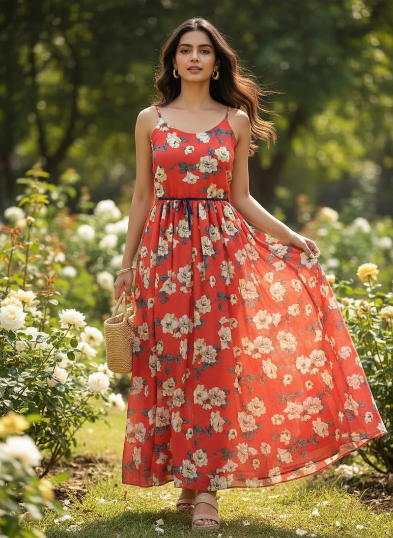 Red And White Flower Digital Printed Fabric - Pure Georgette