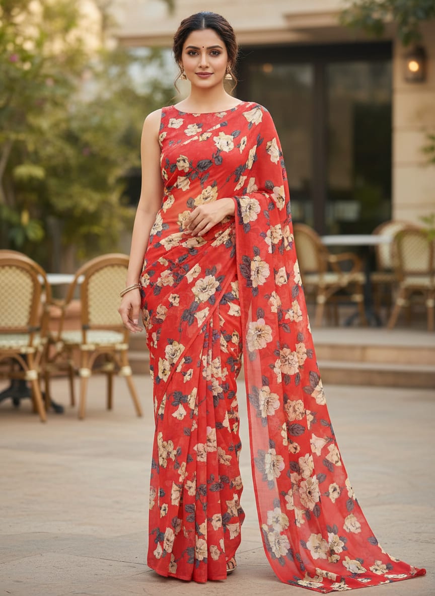 Red And White Flower Digital Printed Fabric - Pure Georgette