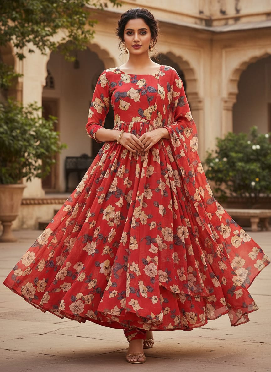 Red Creamy White Rose Floral Pure Georgette Digital Printed Fabric