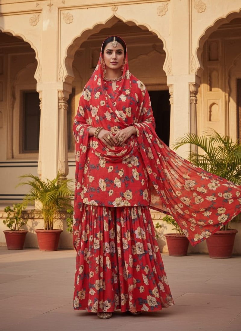Red Creamy White Rose Floral Pure Georgette Digital Printed Fabric