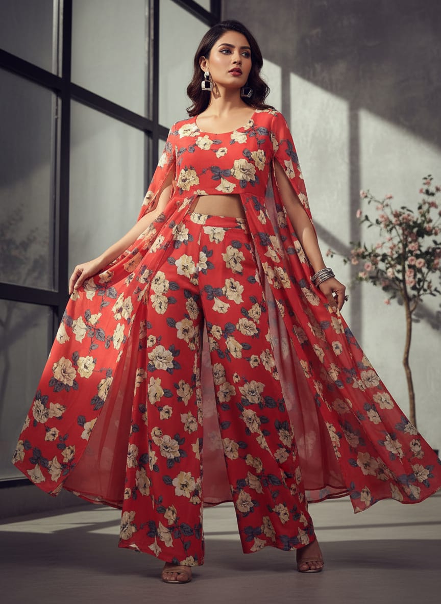 Red Creamy White Rose Floral Pure Georgette Digital Printed Fabric