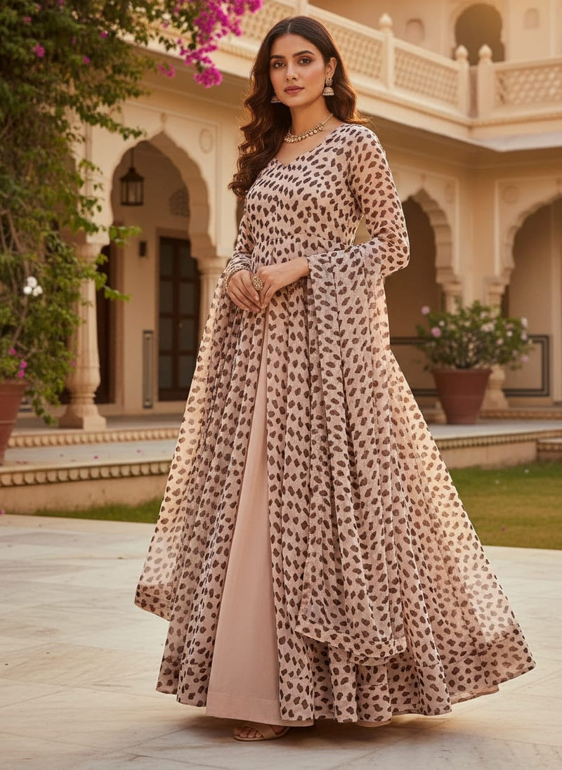 Cream Abstract Spot Print Pure Georgette Digital Printed Fabric