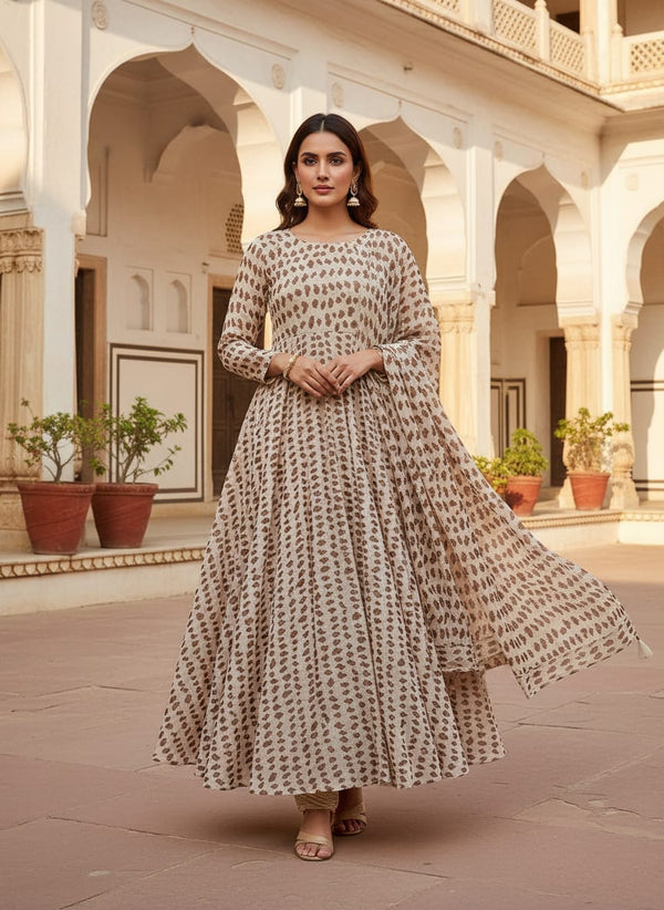Cream Abstract Animal Spot Pure Chinon Digital Printed Fabric - Anarkali Kurta Set Lookbook - PC-0-TA07591-106 - alternate view