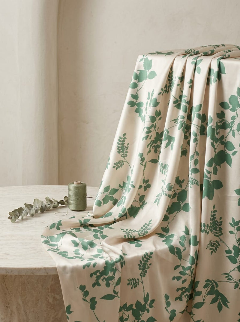 Cream Green Botanical Leaf Print Japan Satin Digital Printed Fabric