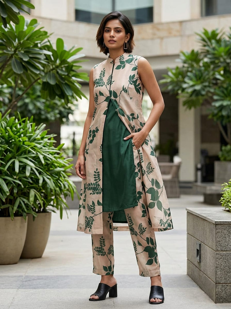 Cream Green Botanical Vine Print Kora Silk Digital Printed Fabric