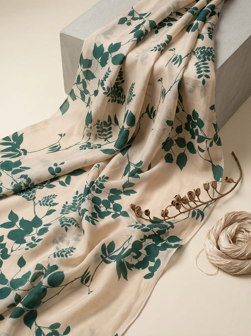 Cream Green Botanical Vine Print Kora Silk Digital Printed Fabric
