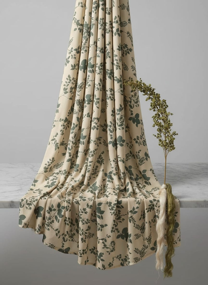 Olive Stalk And Leaves Digital Printed Fabric - Muslin