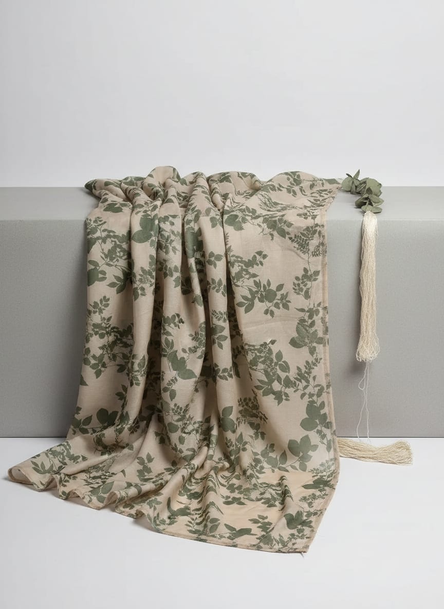 Cream Olive Green Botanical Leaf Print Pure Muslin Digital Printed Fabric