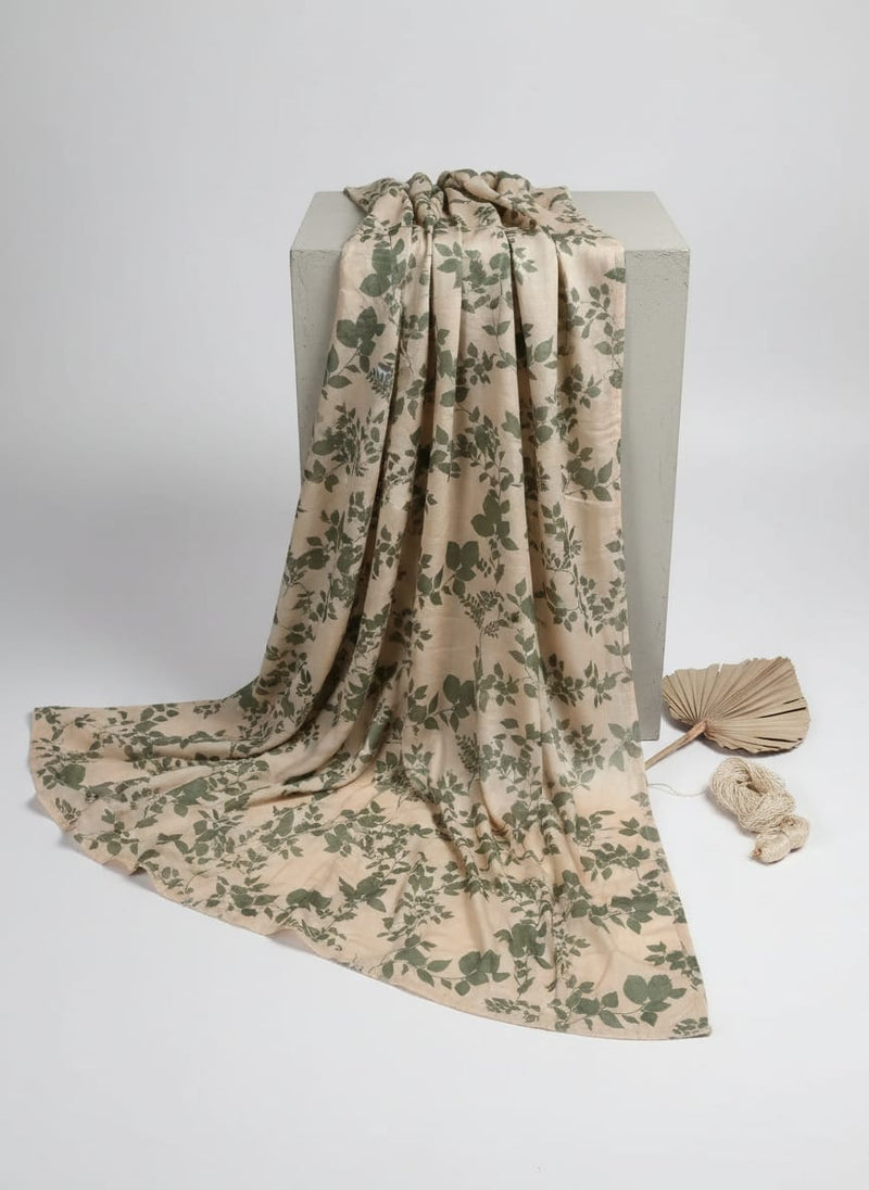 Olive Stalk And Leaves Digital Printed Fabric - Pure Muslin