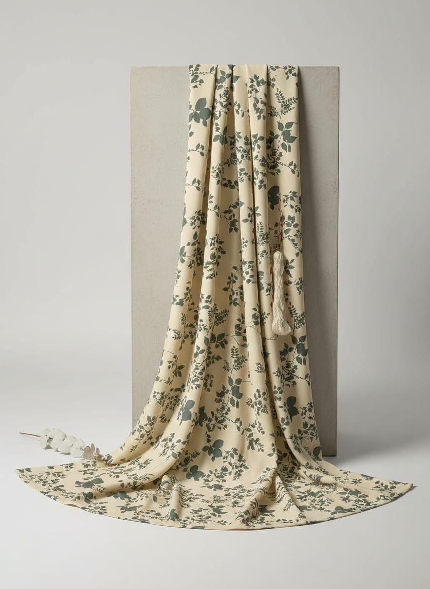 Olive Stalk And Leaves Digital Printed Fabric - Upada Silk