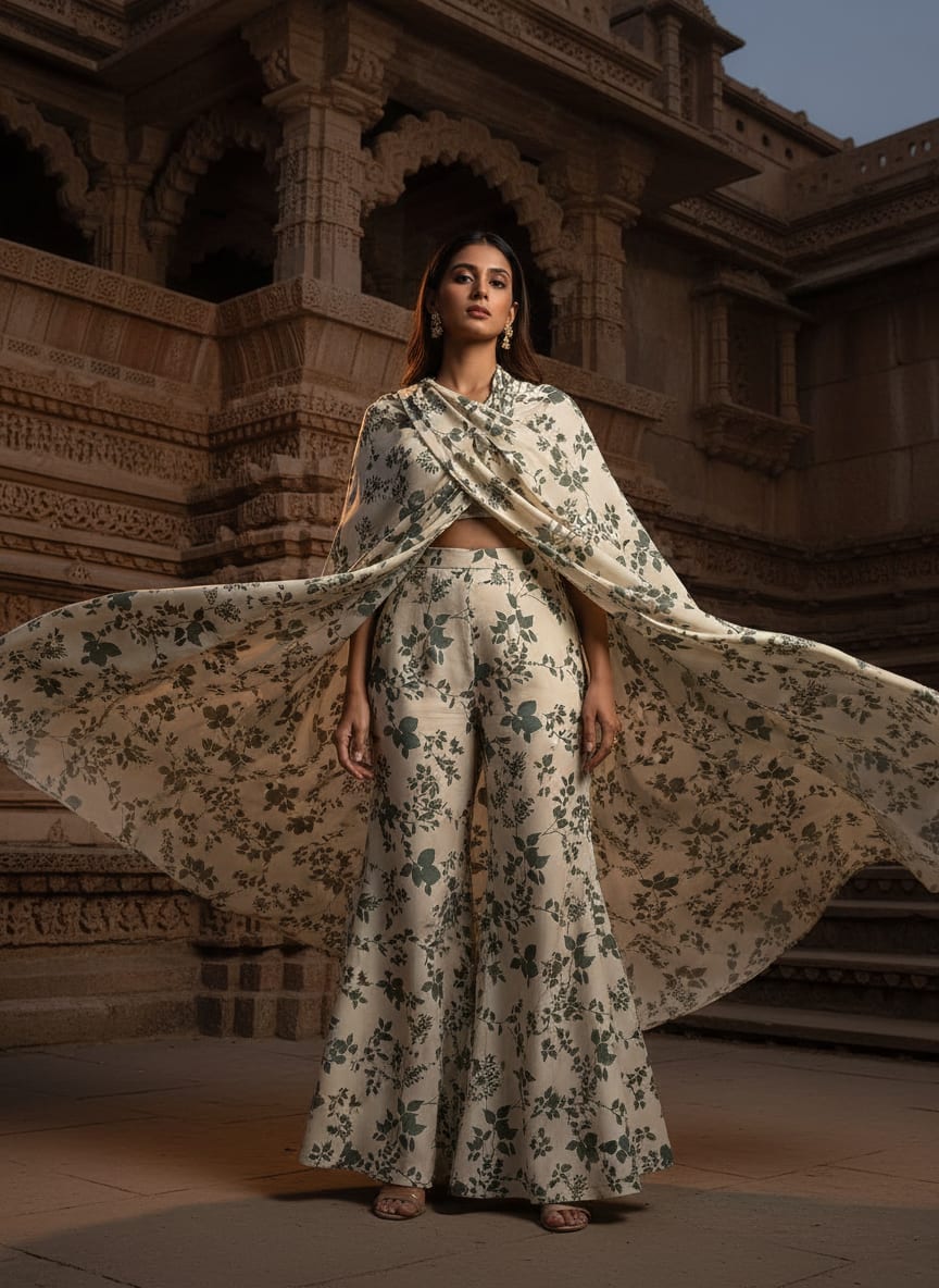 Cream Botanical Leaf Vine Upada Silk Digital Printed Fabric