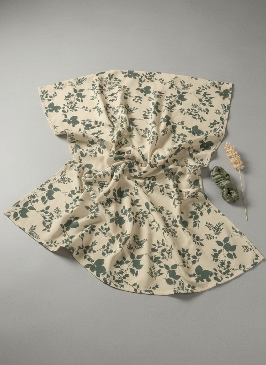 Cream Botanical Leaf Vine Upada Silk Digital Printed Fabric
