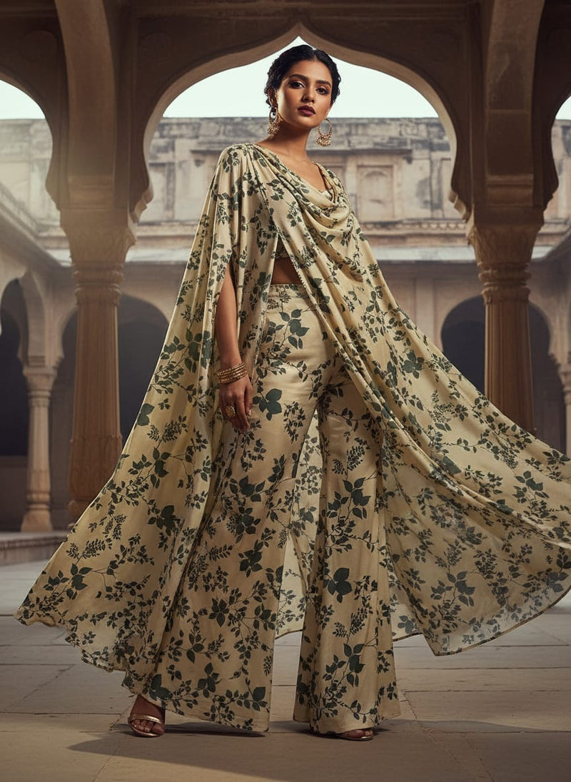 Cream Botanical Leaf Vine Upada Silk Digital Printed Fabric
