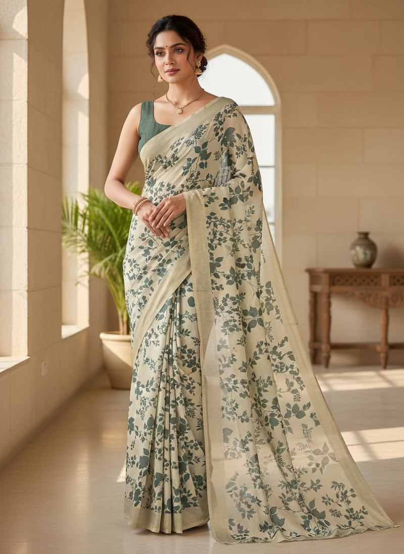 Cream Botanical Leaf Vine Upada Silk Digital Printed Fabric