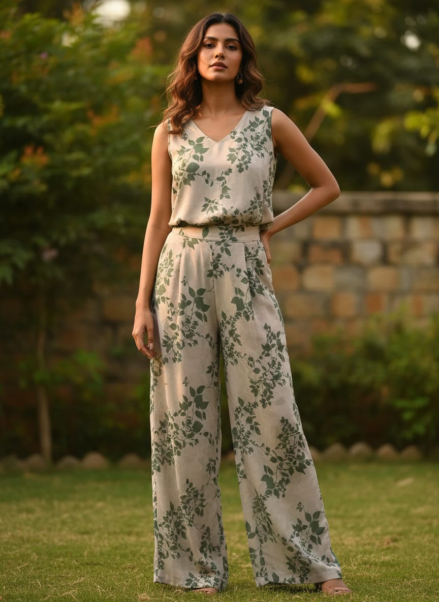 Cream Olive Green Botanical Leaf Print Pure Georgette Digital Printed Fabric