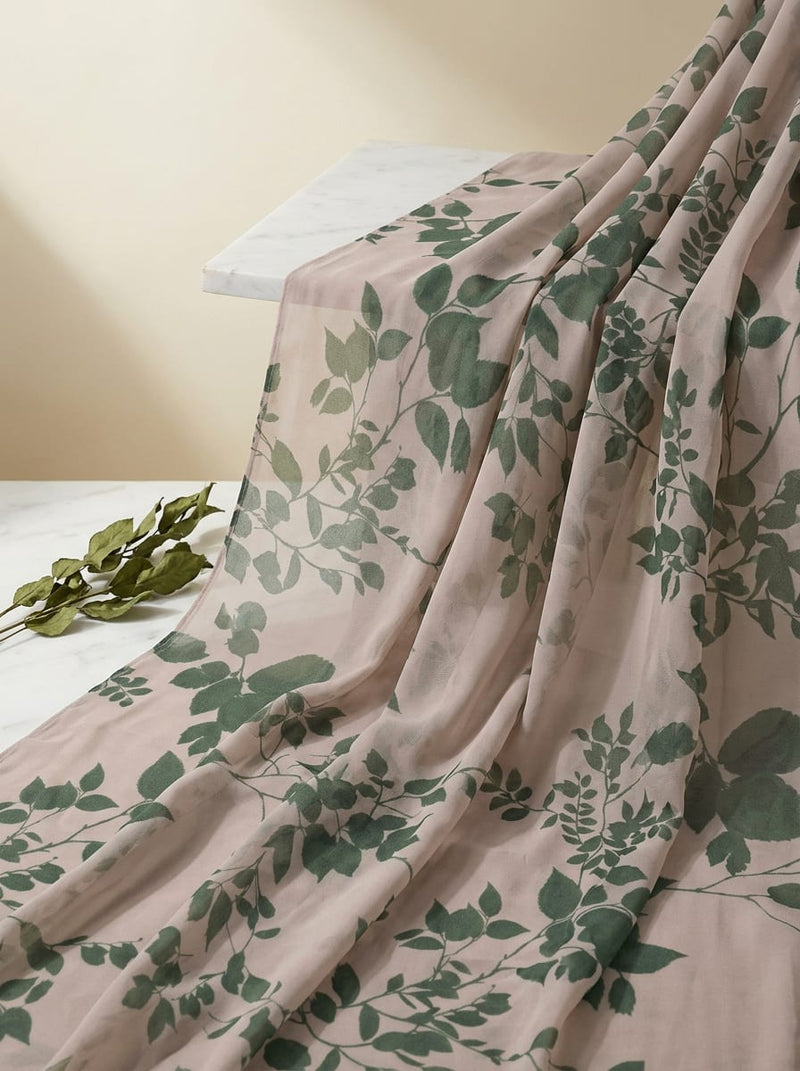 Cream Olive Green Botanical Leaf Print Pure Georgette Digital Printed Fabric