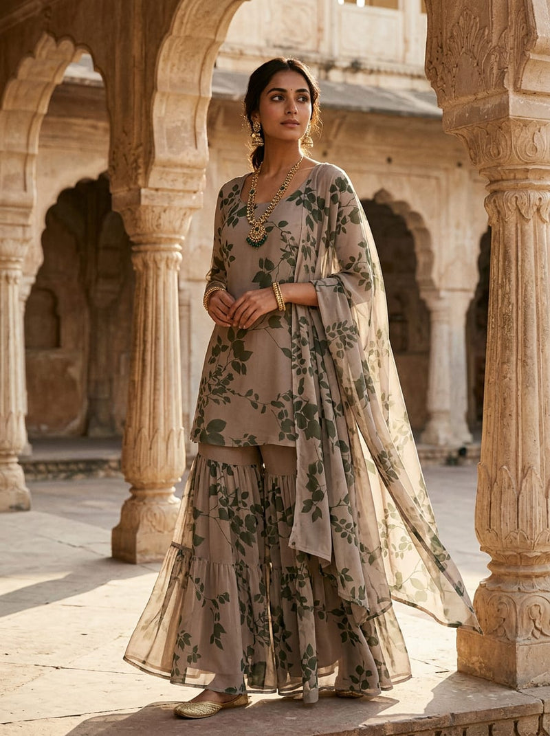 Cream Olive Green Botanical Leaf Print Pure Georgette Digital Printed Fabric