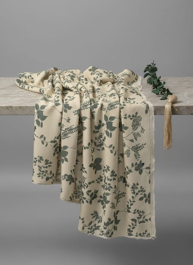 Olive Stalk And Leaves Digital Printed Fabric - Pure Chinon