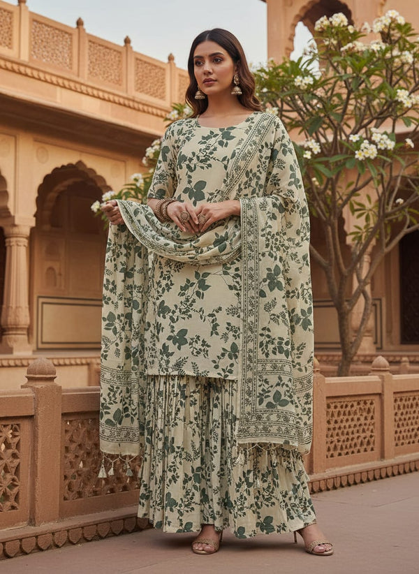 Cream Botanical Leafy Vines Pure Chinon Digital Printed Fabric - Sharara Set Lookbook - PC-0-TA07593-106 - alternate view