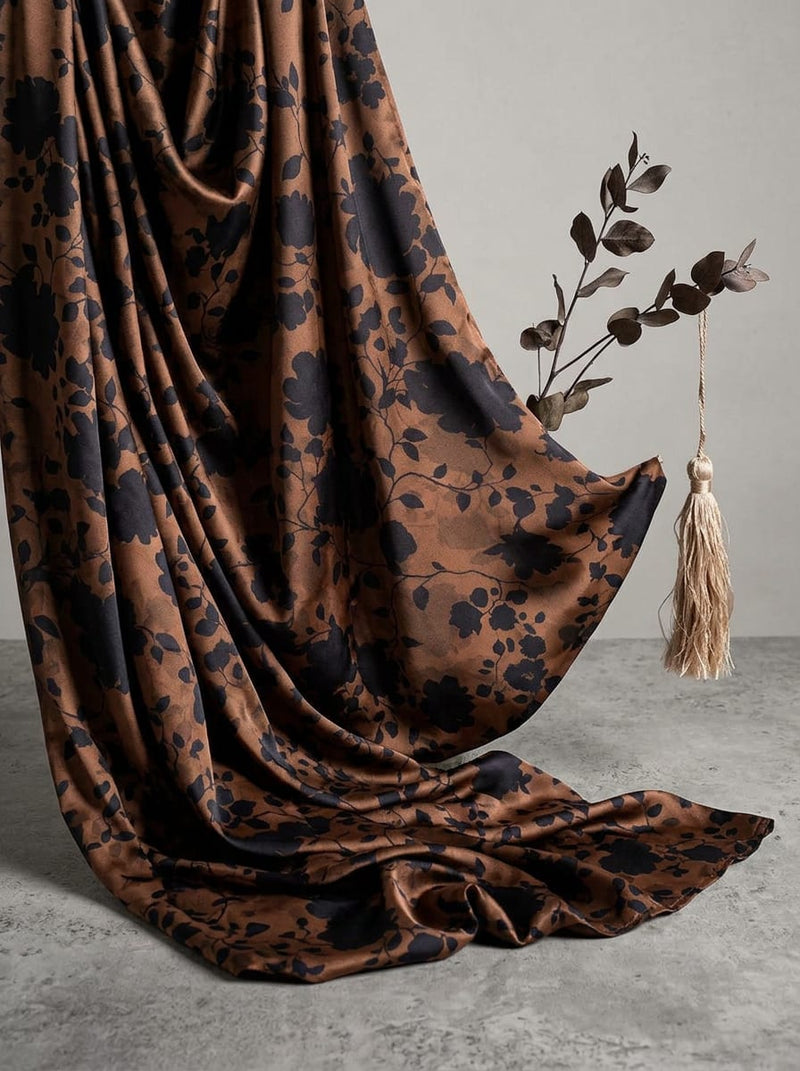 Brown Black Floral Silhouette Vine Japan Satin Digital Printed Fabric