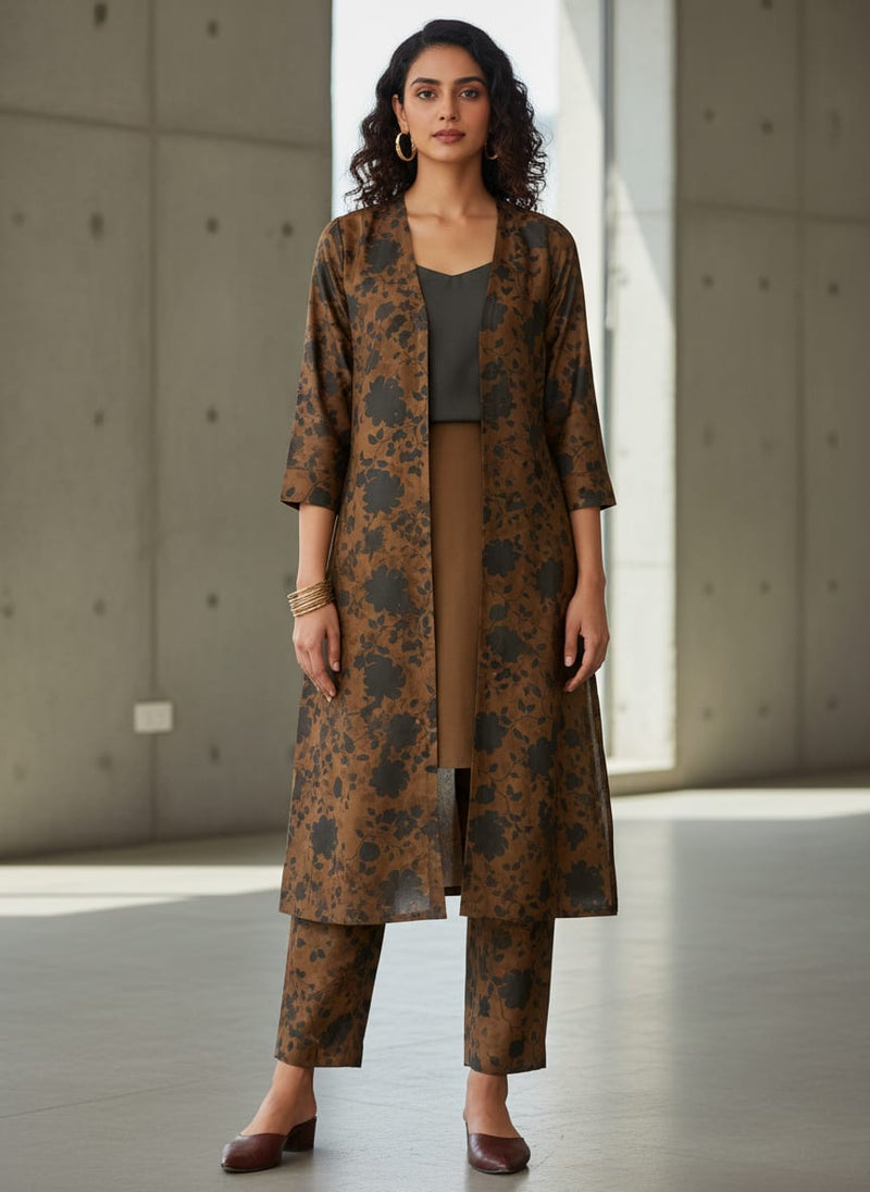 Black And Rustic Look Flower Digital Printed Fabric - Kora Silk