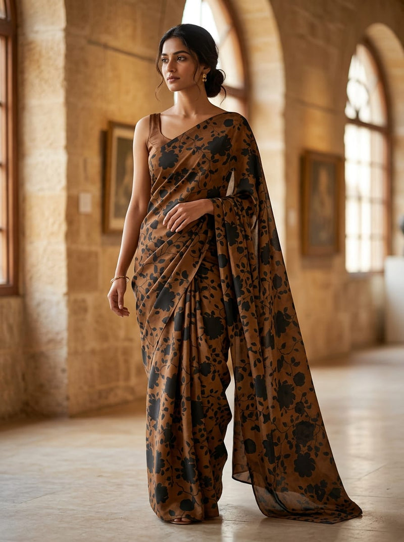 Brown Tonal Floral Silhouette Kora Silk Digital Printed Fabric