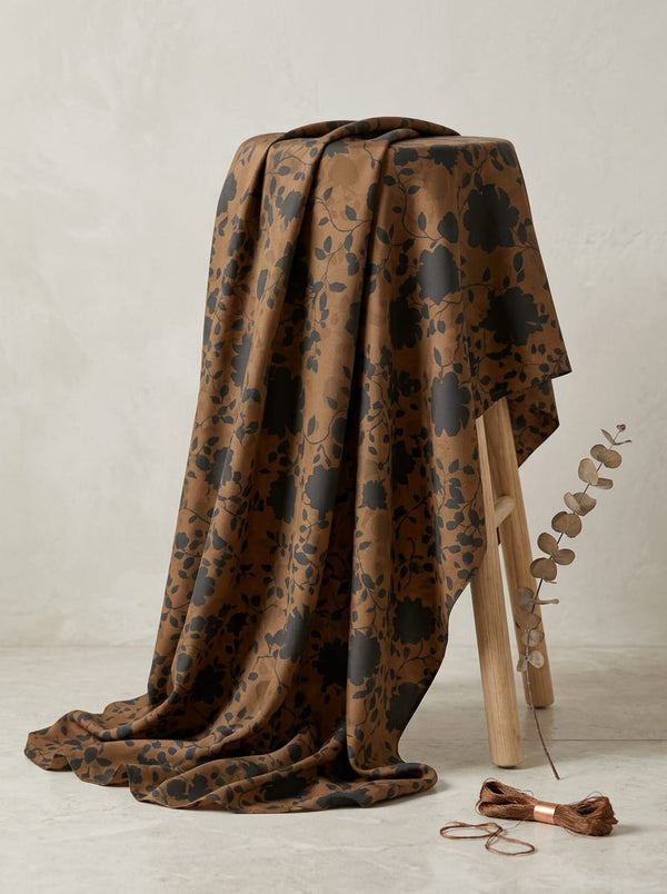 Brown Tonal Floral Silhouette Kora Silk Digital Printed Fabric - Fabric Editorial Studio Flatlay Lookbook - KS-0-TA07594-110