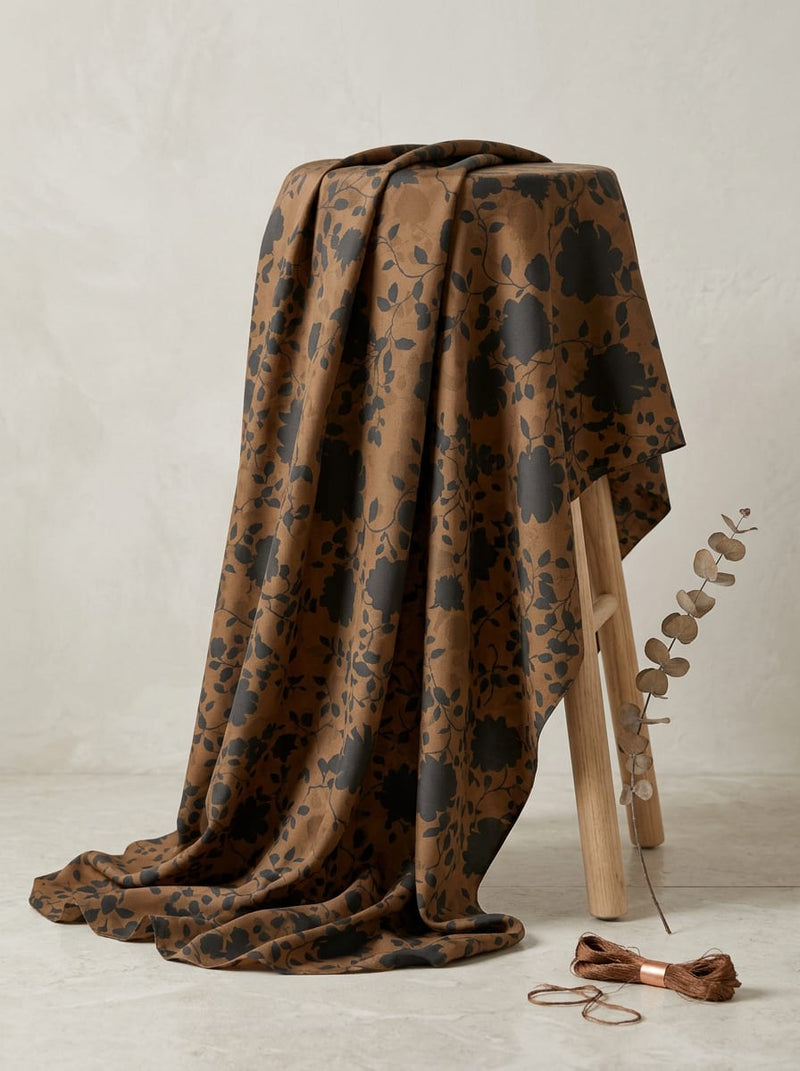 Brown Tonal Floral Silhouette Kora Silk Digital Printed Fabric