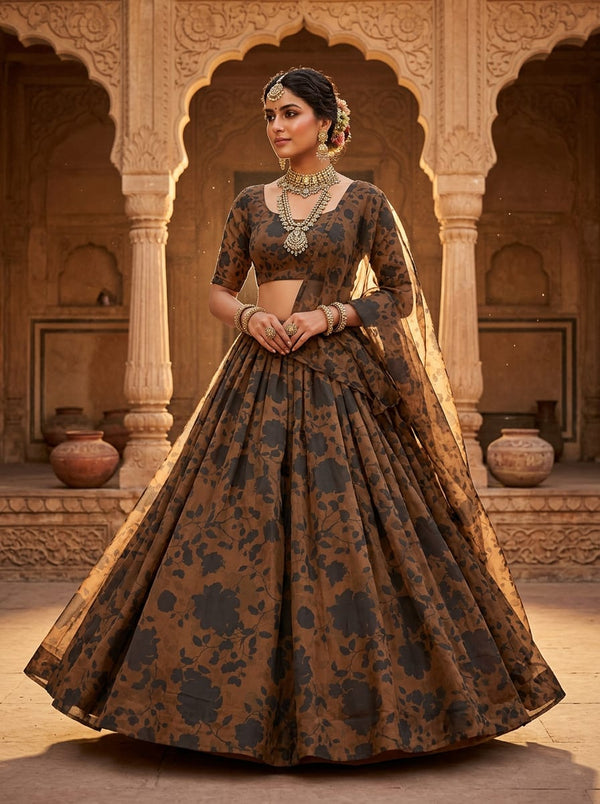 Brown Tonal Floral Silhouette Kora Silk Digital Printed Fabric - Lehenga Choli Lookbook - KS-0-TA07594-110 - alternate view